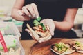 Street vendor hands making taco outdoors Royalty Free Stock Photo