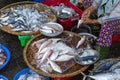 Street Vendor in Hue, Vietnam traditional fish market people selling fresh fish on the sidewalk. Royalty Free Stock Photo