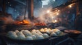 a street vendor selling food on a street corner at night