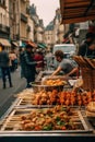 A street vendor selling food on skewered sticks. Generative AI image.