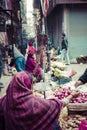 The street vendor sels his fruits and vegetables in Thamel in Ka