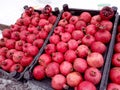 Street vendors: Boxes of ripe pomegranates on a snowy street, close-up