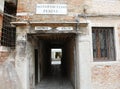 street of Venice in Italy and the text that means Under the Porc Royalty Free Stock Photo