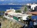 Street view from above straight down the beach front of Torrenueva Costa with Mediterranean sea and mountains Royalty Free Stock Photo