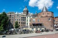 Street view in Amsterdam, with the Schreierstoren tower