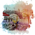 Street view with chanell, pier and bridge over a chanell in Veniece, Italy. Vintage design. Linear sketch on a Royalty Free Stock Photo