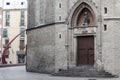 Street view and church door Santa Maria del mar, El Born quarter