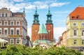 Street view in city center and Cathedral Basilica places to travel: Gniezno / Poland - October 06, 2020