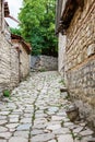 Street view on cobblestone Huseynov street, the main street of Lahic mountainous village of Azerbaijan