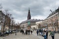 Street view of downtown of Copenhagen, with Christiansborg Palace, and equestrian Statue of Absalon and in central Copenhagen