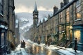 street view of an english northern town in winter at twilight with old stone houses and shop buildings covered in snow and a Royalty Free Stock Photo