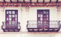 Street view of the facade of an old colonial building, color toning applied, Cuenca, Ecuador Royalty Free Stock Photo