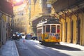 Famous old historic tourist yellow tram in Lisbon Royalty Free Stock Photo