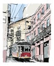 Street view with famous old tram in Lisbon city, Portugal Royalty Free Stock Photo