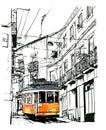 Street view with famous old tram in Lisbon city, Portugal Royalty Free Stock Photo