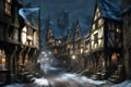 view of a fantasy medieval town in winter at night with ancient buildings covered in snow and a person walking along the Royalty Free Stock Photo