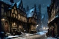 medieval town in winter at night with ancient timber framed buildings covered in snow and a people in the