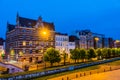 Street view of the flemish quay in antwerp city, entrepot du congo building with other other buildings, Antwerpen, belgium, April Royalty Free Stock Photo