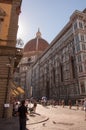Street view of Giotto`s Campanile in Florence, Italy
