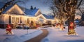 Street view of homes adorned with vibrant christmas lights and decorations , concept of Decorated houses Royalty Free Stock Photo