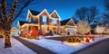 Street view of homes adorned with vibrant christmas lights and decorations , concept of Decorated houses Royalty Free Stock Photo