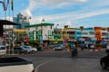 Street view with houses and road transport. Sibu city, Sarawak, Malaysia, Borneo