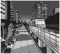 Street view illustration of urban residential area with overground metro line