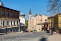 Street view of Kiev in Ukraine with Castle of Richard Lionheart