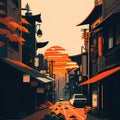 Street view of Kyoto, Japan. Retro style. Vector illustration.