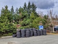 Street view of a large pile of tires outside of a car repair shop