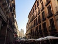 Street view of Madrid city buildings facades