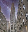 Street view of Manhattan Skyscrapers under a starry night, New York City - USA Royalty Free Stock Photo