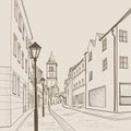 Street view in old european city. Retro cityscape - houses, buildings, tree on alleyway. Royalty Free Stock Photo