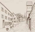 Street view in old european city. Retro cityscape - houses, buildings, tree on alleyway. Royalty Free Stock Photo