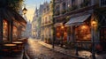 a street view in an old European city with tables and lamps Royalty Free Stock Photo