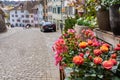 Street view in old town of Bremgarten with colorful flower store at sunny day in springtime Royalty Free Stock Photo