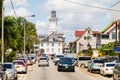 Street view in Paramaribo, Surinam with wooden colonial houses