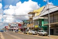 Street view in Paramaribo, Surinam with wooden colonial houses