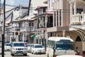 Street view in Paramaribo, Surinam with wooden colonial houses