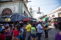 Street view with people across the market