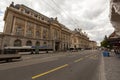 Street view of Place Saint Francois featuring the historic headquarters of the Banque cantonale vaudoise