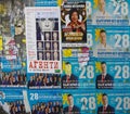 Street view of Plovdiv, political election poster on the wall with cyrillic publication character, Plovdiv, Bulgaria.