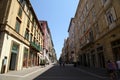 A street view of the shopping area in a port of call in Europe.