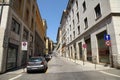 A street view of the shopping area in a port of call in Europe.