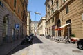 A street view of the shopping area in a port of call in Europe.