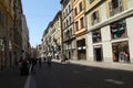 A street view of the shopping area in a port of call in Europe.