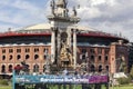 Street view, square,plaza espaÃÂ±a,monument fountain, old bullring arenas and touristic bus,Barcelona.