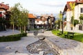 Street view and stone paved road, Bansko, Bulgaria Royalty Free Stock Photo