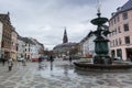 Street view with Stork Fountain is located on Amagertorv in central Copenhagen, Denmark Royalty Free Stock Photo