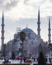 Street view from Sultanahmet Square. Foreign and local tourists coming to see the Blue Mosque Sultanahmet Camii and Square.